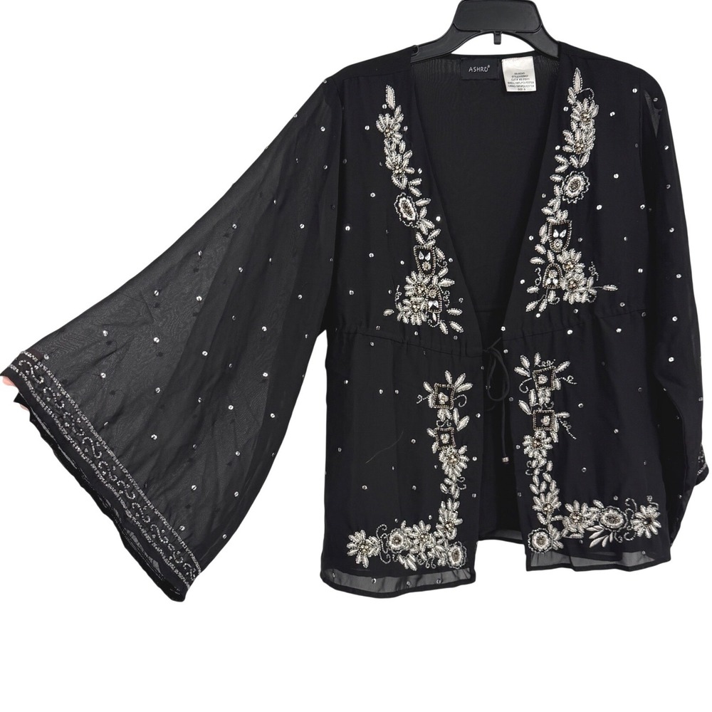Ashro Womens Black Beaded Floral Sequin Sheer Chiffon‎ Cardigan Top Size 6